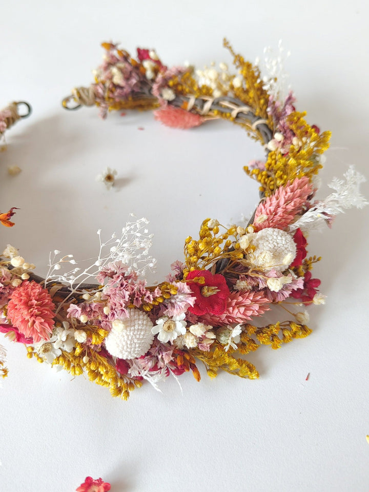 Boho Autumn Flower Half Wreath: Rustic Bridal Headpiece – handmade floral hair accessory by magaela