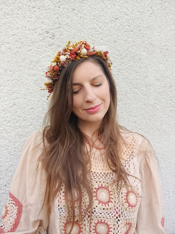 Boho Autumn Flower Half Wreath: Rustic Bridal Headpiece – handmade floral hair accessory by magaela