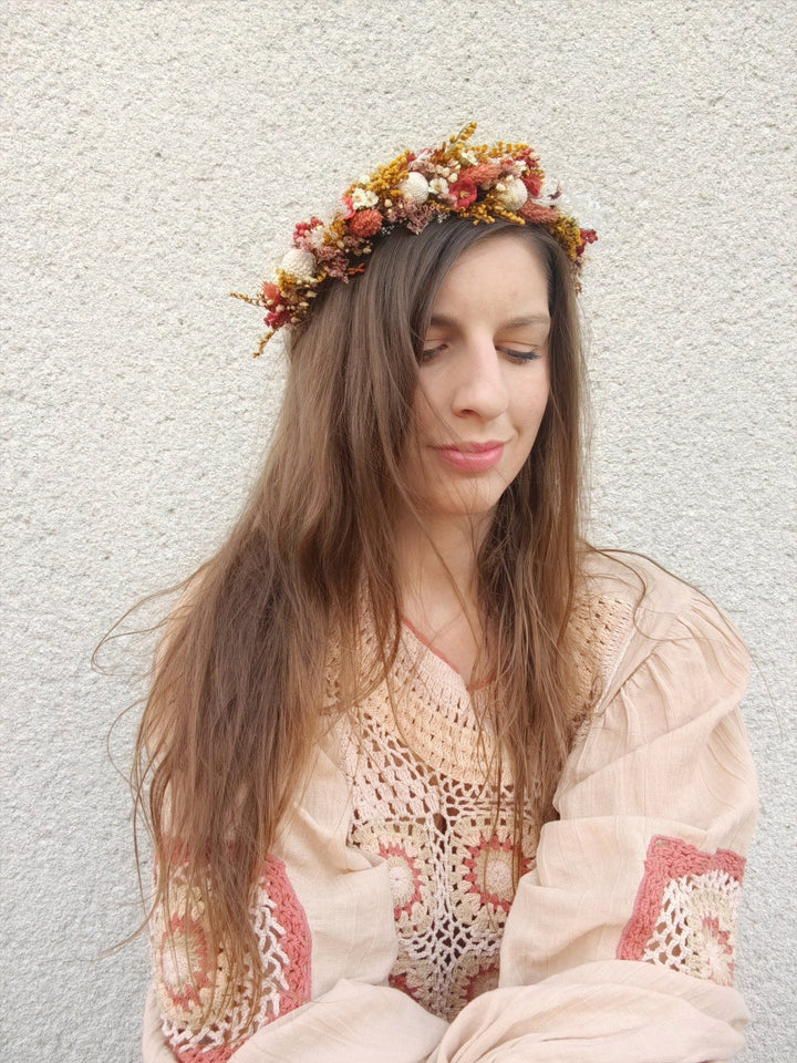 Boho Autumn Flower Half Wreath: Rustic Bridal Headpiece – handmade floral hair accessory by magaela