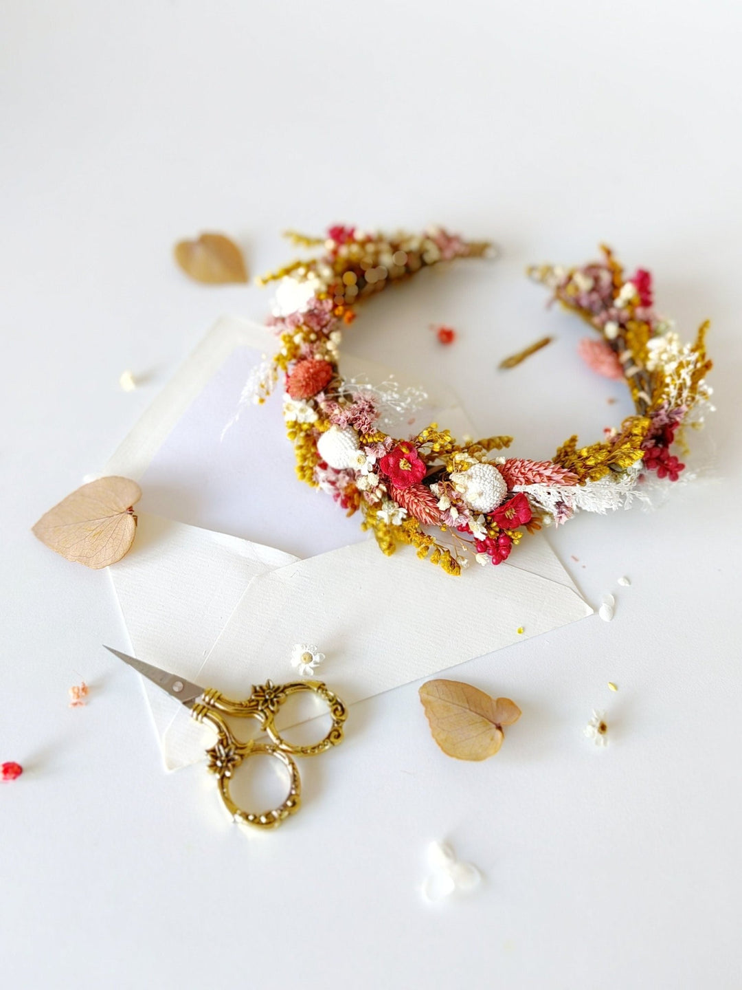 Boho Autumn Flower Half Wreath: Rustic Bridal Headpiece – handmade floral hair accessory by magaela
