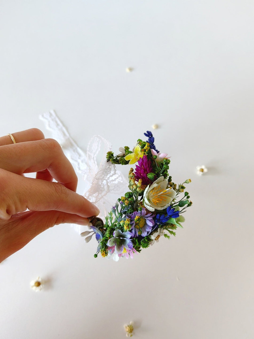 Wildflower Corsage Bracelet: Meadow Wedding Wrist Ribbon – handmade floral hair accessory by magaela