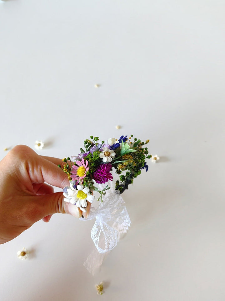 Wildflower Corsage Bracelet: Meadow Wedding Wrist Ribbon – handmade floral hair accessory by magaela