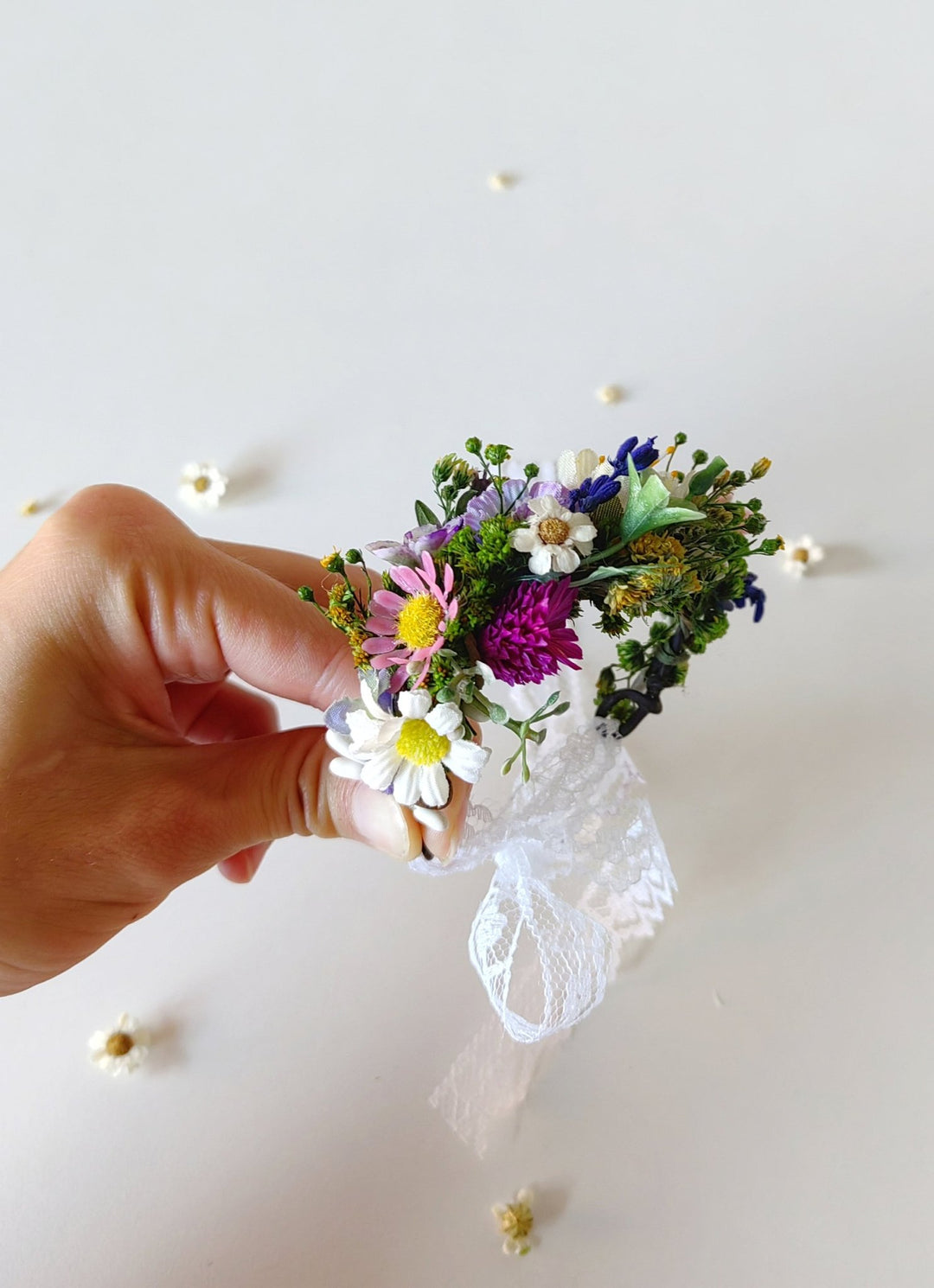 Wildflower Corsage Bracelet: Meadow Wedding Wrist Ribbon – handmade floral hair accessory by magaela