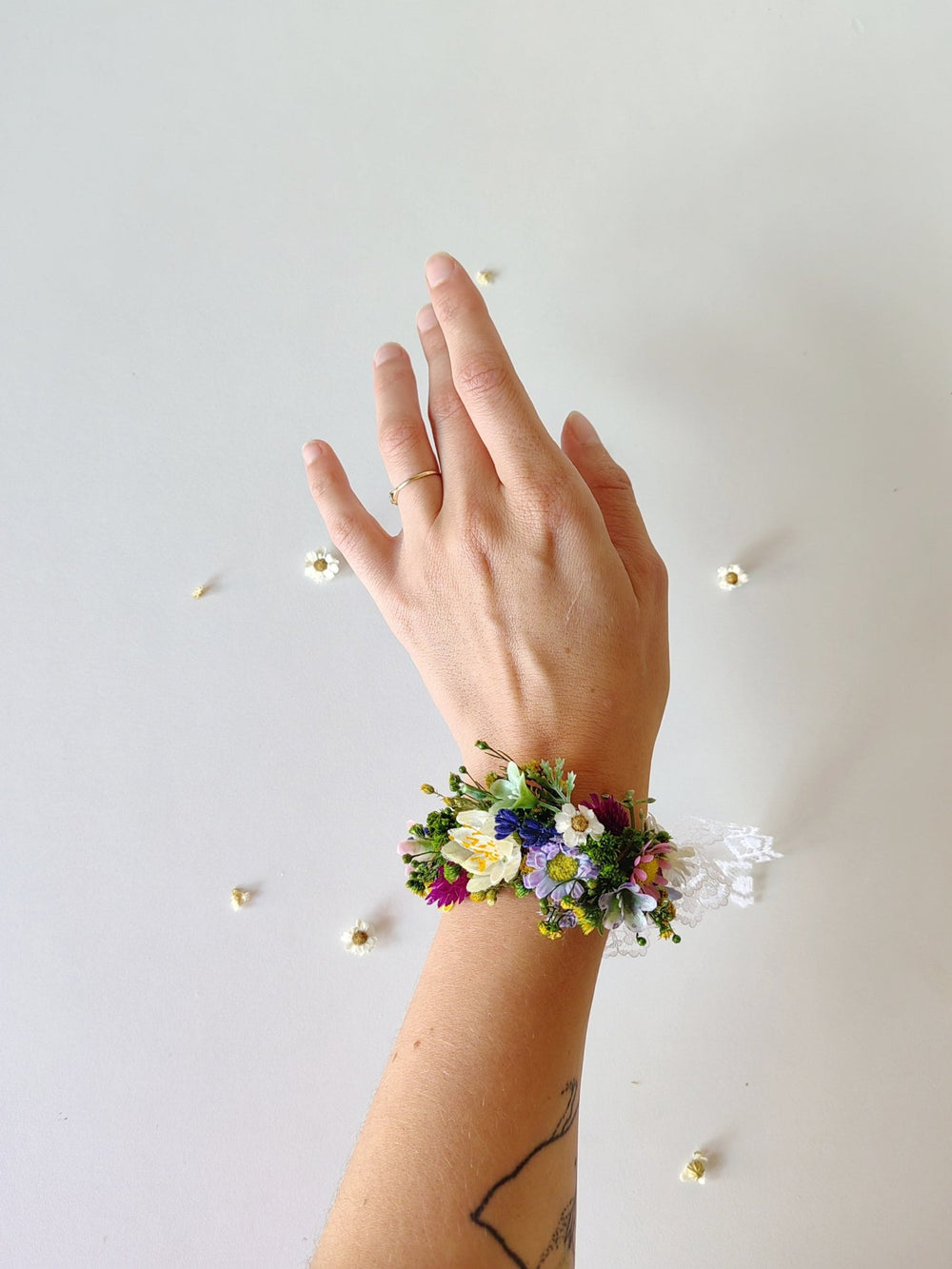 Wildflower Corsage Bracelet: Meadow Wedding Wrist Ribbon – handmade floral hair accessory by magaela