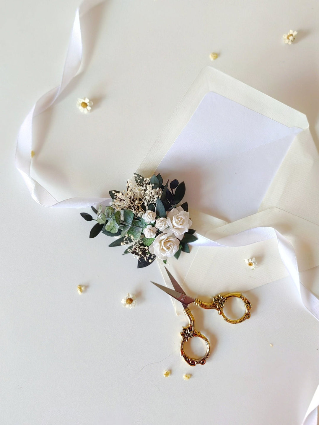 White Rose Eucalyptus Bracelet: Greenery Wedding Wrist Corsage – handmade floral hair accessory by magaela