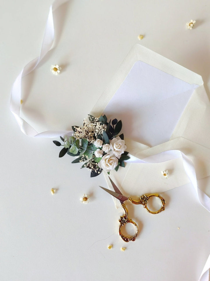 White Rose Eucalyptus Bracelet: Greenery Wedding Wrist Corsage – handmade floral hair accessory by magaela