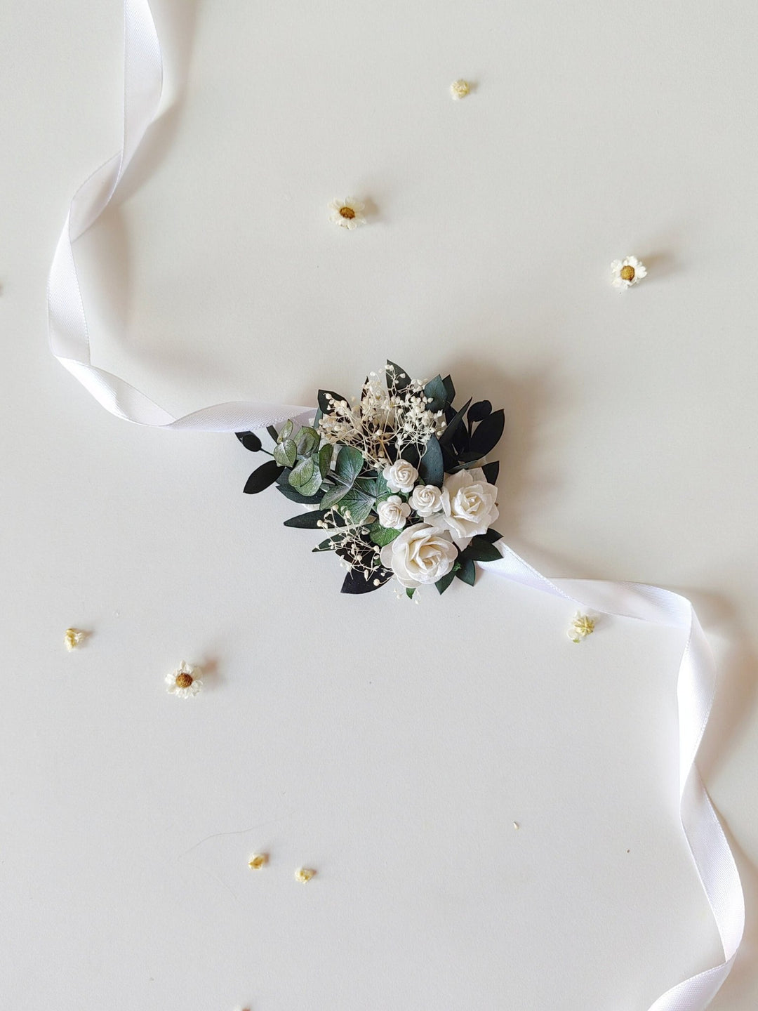White Rose Eucalyptus Bracelet: Greenery Wedding Wrist Corsage – handmade floral hair accessory by magaela