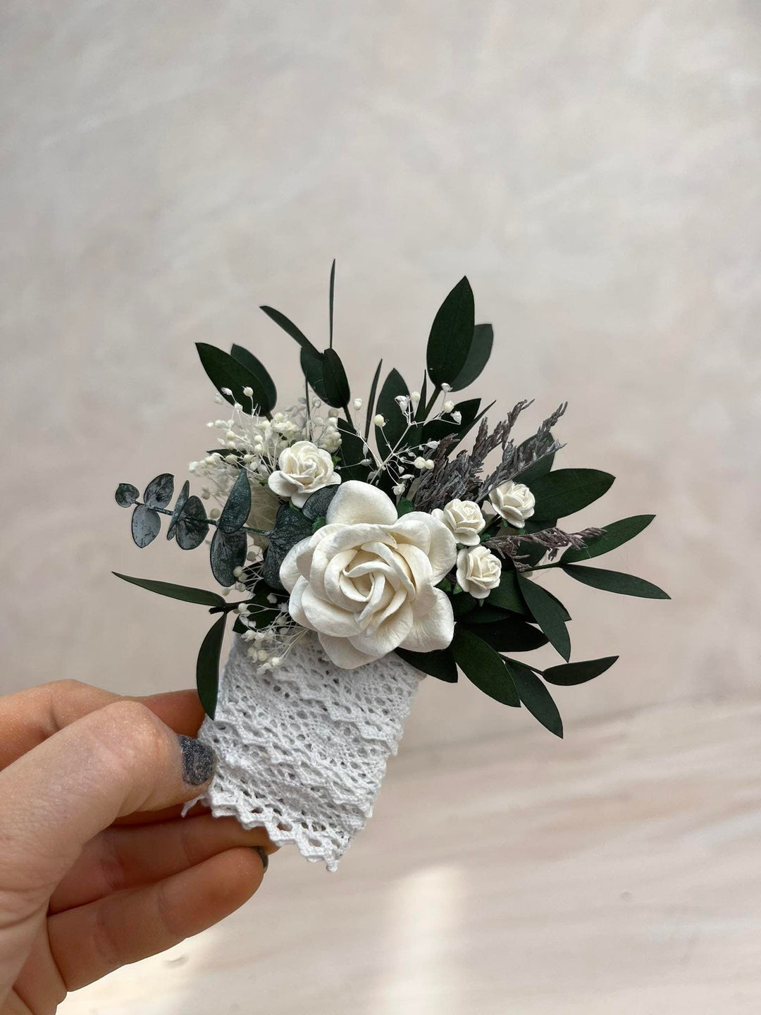 Eucalyptus & White Rose Boutonniere: Romantic Pocket Square Lapel – handmade floral hair accessory by magaela