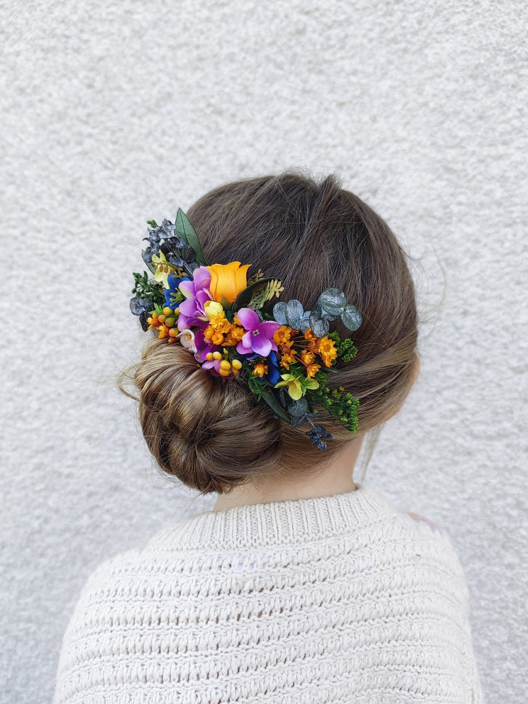 Colorful Flower Bridal Jewelry Set: Meadow Wedding Hair Comb, Earrings, Shoe Clips – handmade floral hair accessory by magaela