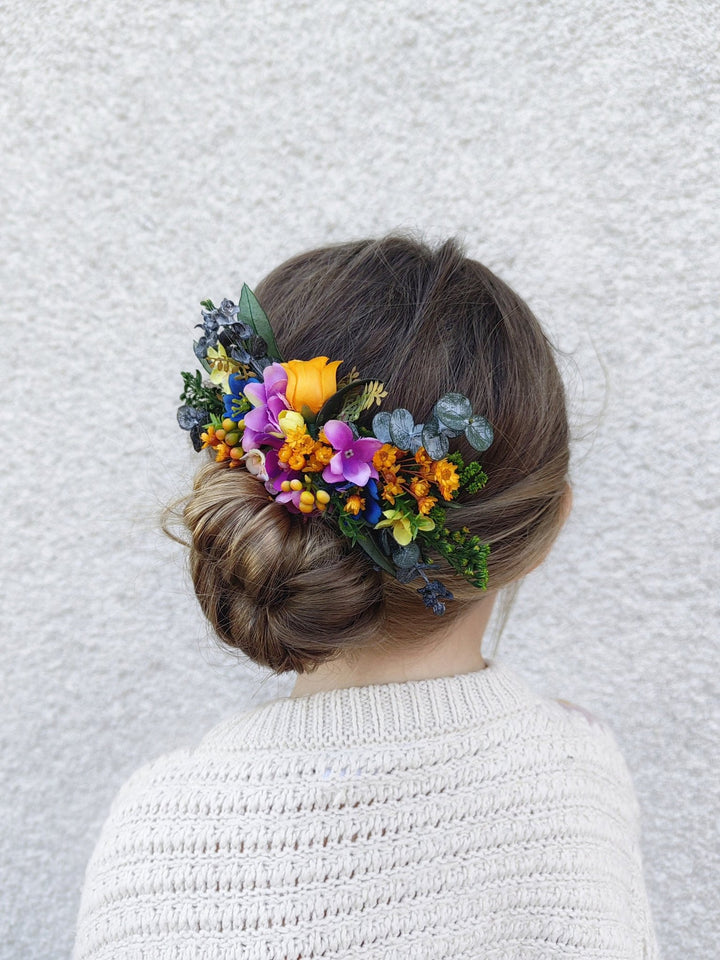 Colorful Flower Bridal Jewelry Set: Meadow Wedding Hair Comb, Earrings, Shoe Clips – handmade floral hair accessory by magaela
