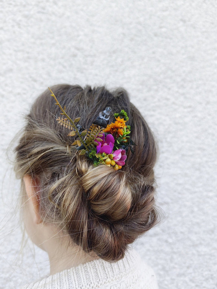 Colorful Flower Bridal Jewelry Set: Meadow Wedding Hair Comb, Earrings, Shoe Clips – handmade floral hair accessory by magaela