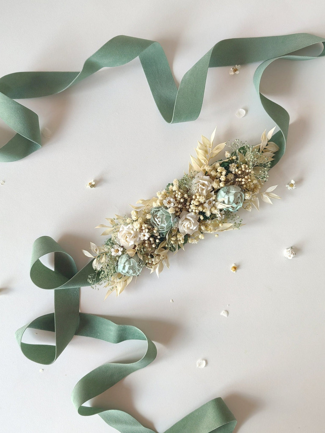 Mint Cream Flower Bridal Set: Rustic Cottagecore Wedding Accessories – handmade floral hair accessory by magaela