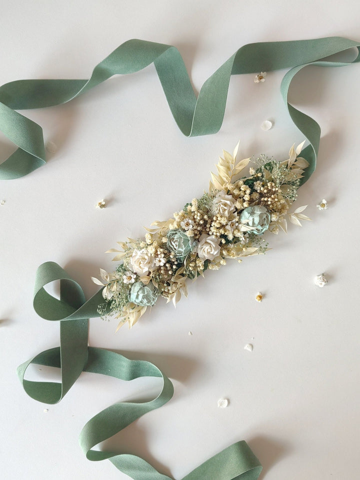 Mint Cream Flower Bridal Set: Rustic Cottagecore Wedding Accessories – handmade floral hair accessory by magaela