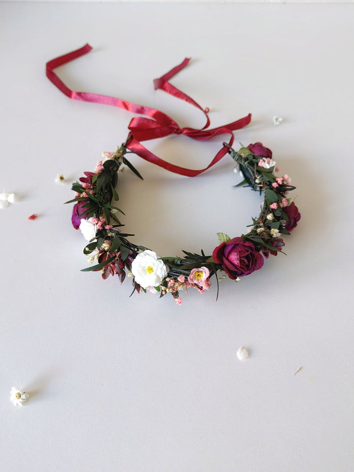 Burgundy Flower Half Wreath: Autumn Wedding Bridal Headpiece – handmade floral hair accessory by magaela