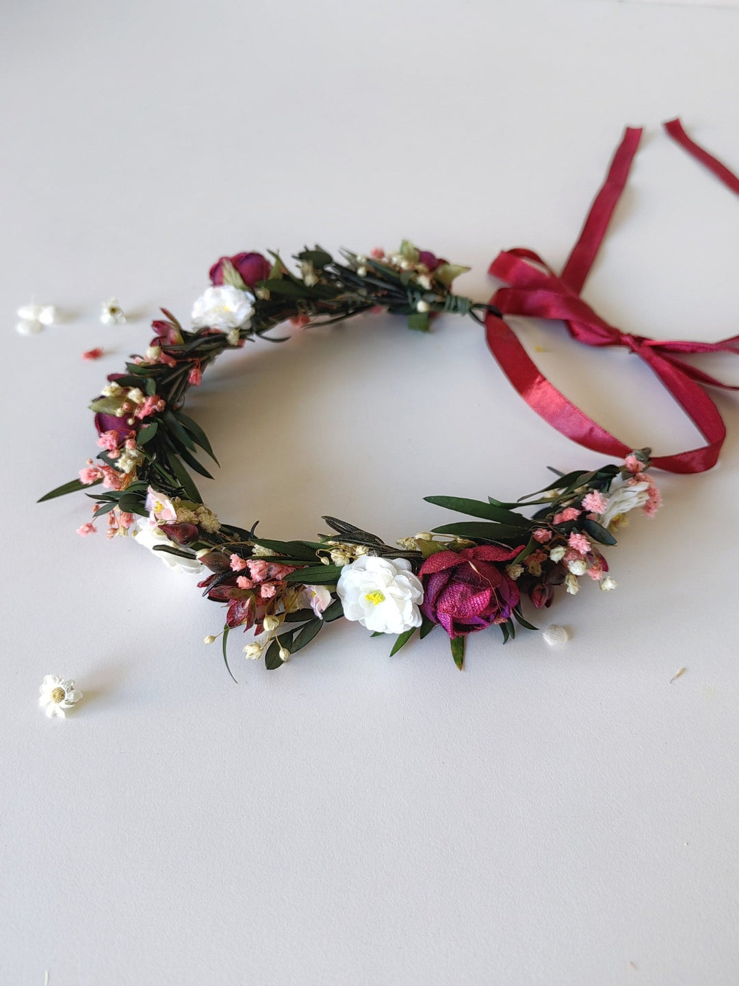 Burgundy Flower Half Wreath: Autumn Wedding Bridal Headpiece – handmade floral hair accessory by magaela