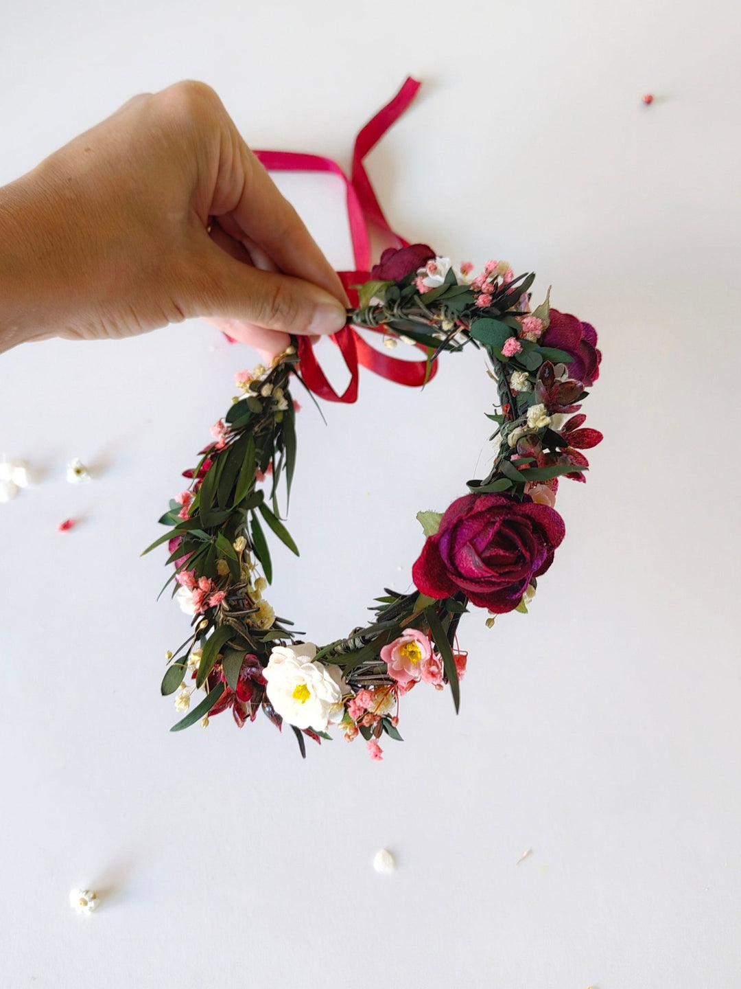 Burgundy Flower Half Wreath: Autumn Wedding Bridal Headpiece – handmade floral hair accessory by magaela