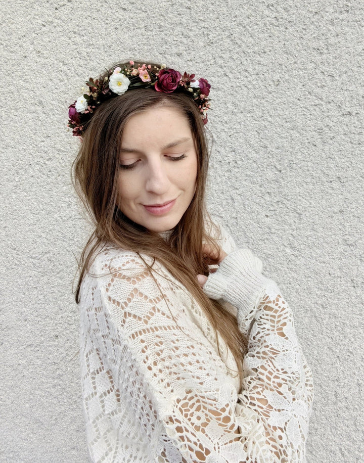 Burgundy Flower Half Wreath: Autumn Wedding Bridal Headpiece – handmade floral hair accessory by magaela