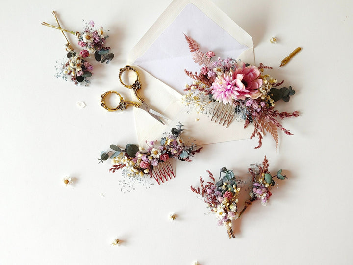 Pink Purple Flower Bridal Set: Boho Wedding Hair Comb, Boutonniere – handmade floral hair accessory by magaela