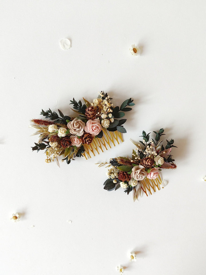 Woodland Wedding Flower Hair Comb Set: Rustic Pine Cone Hair Accessories – handmade floral hair accessory by magaela
