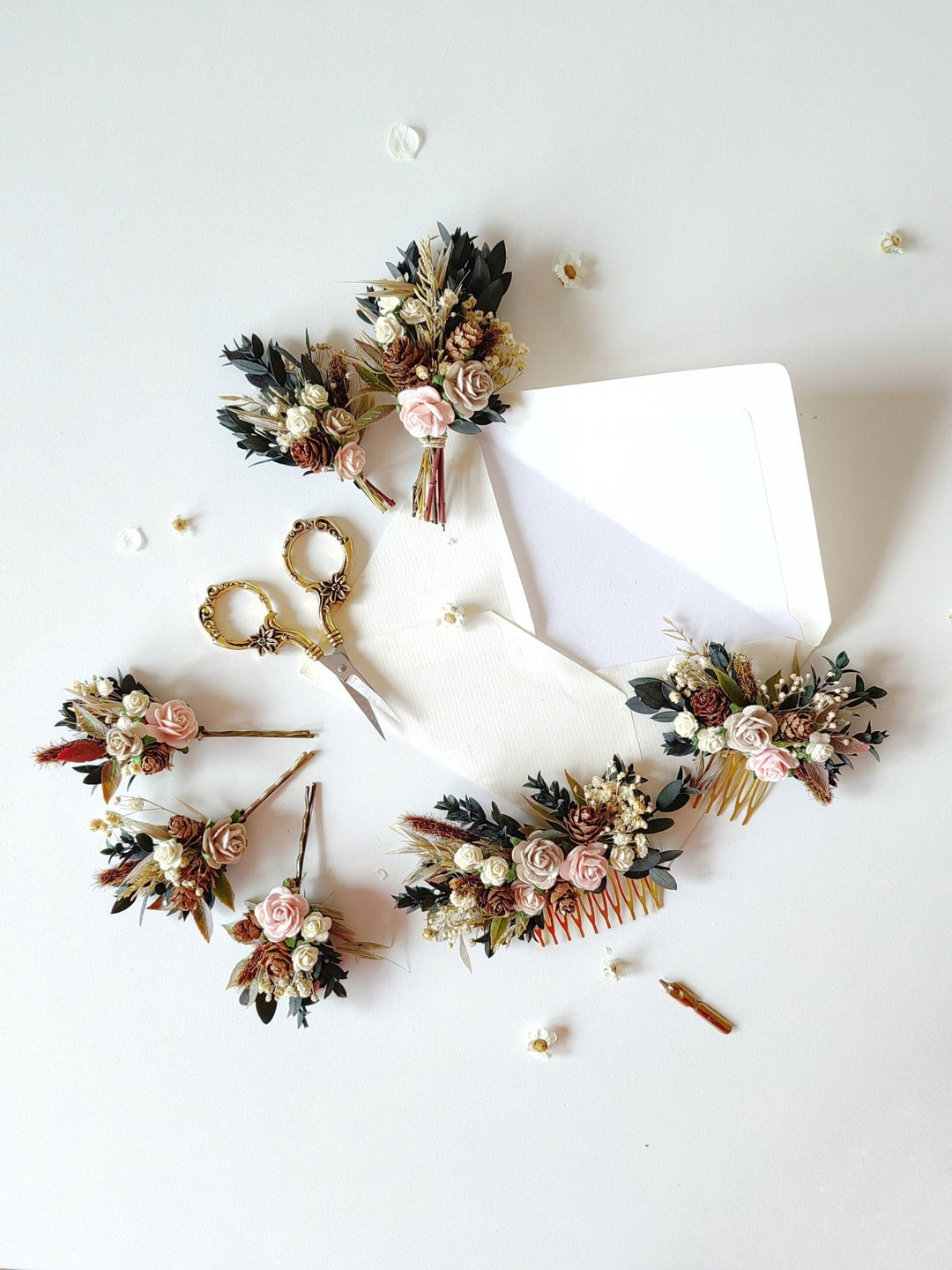 Woodland Wedding Flower Hair Comb Set: Rustic Pine Cone Hair Accessories – handmade floral hair accessory by magaela