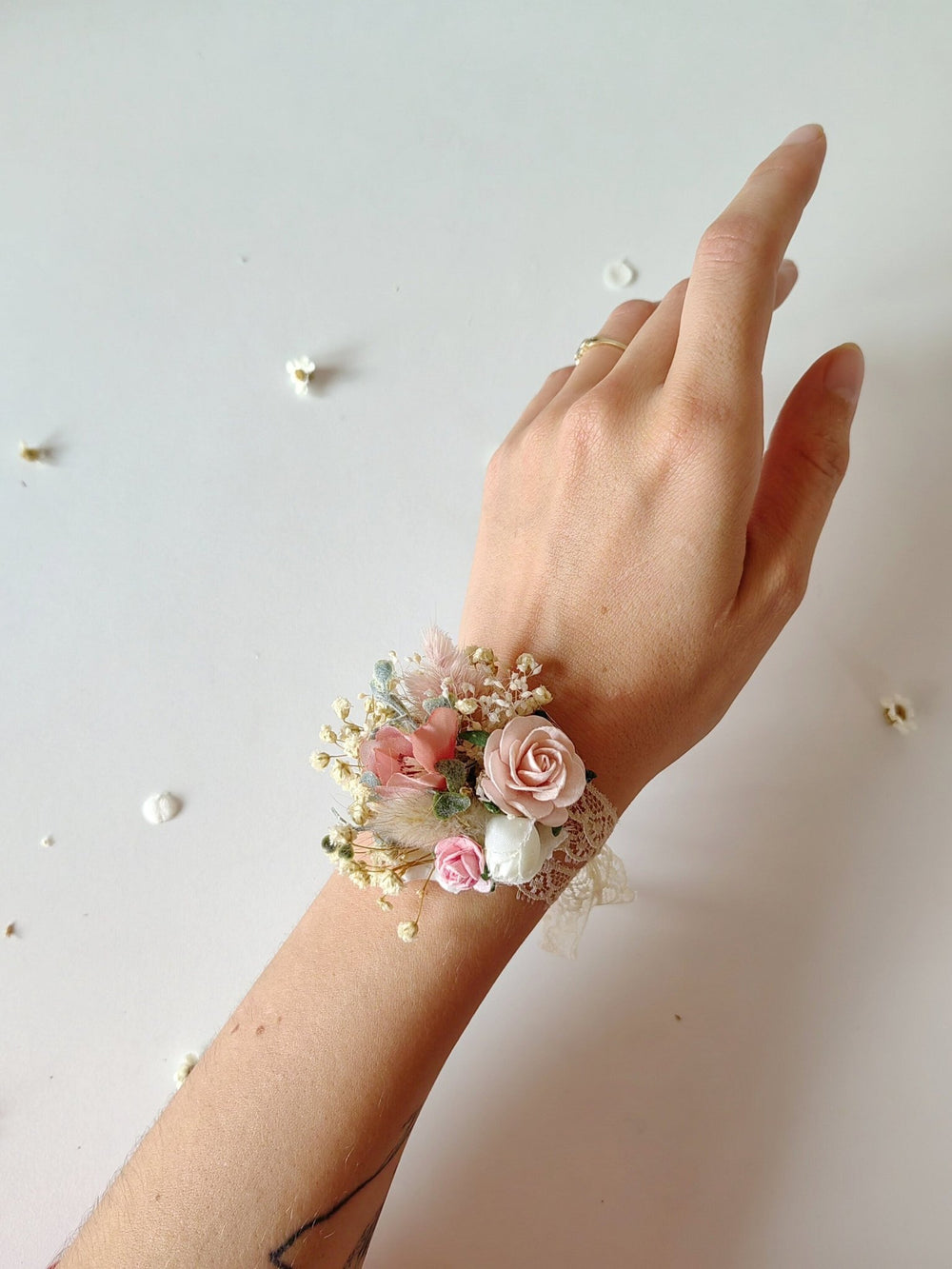 Pale Pink Flower Bracelet: Lace Bridal Accessories – handmade floral hair accessory by magaela