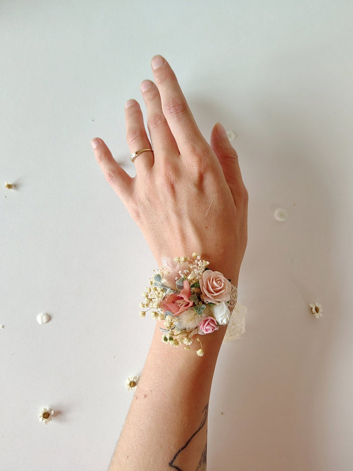 Pale Pink Flower Bracelet: Lace Bridal Accessories – handmade floral hair accessory by magaela