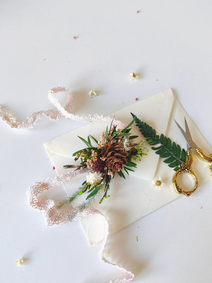 Woodland Wedding Bracelet: Pine Cone Flower Bridal Jewelry – handmade floral hair accessory by magaela