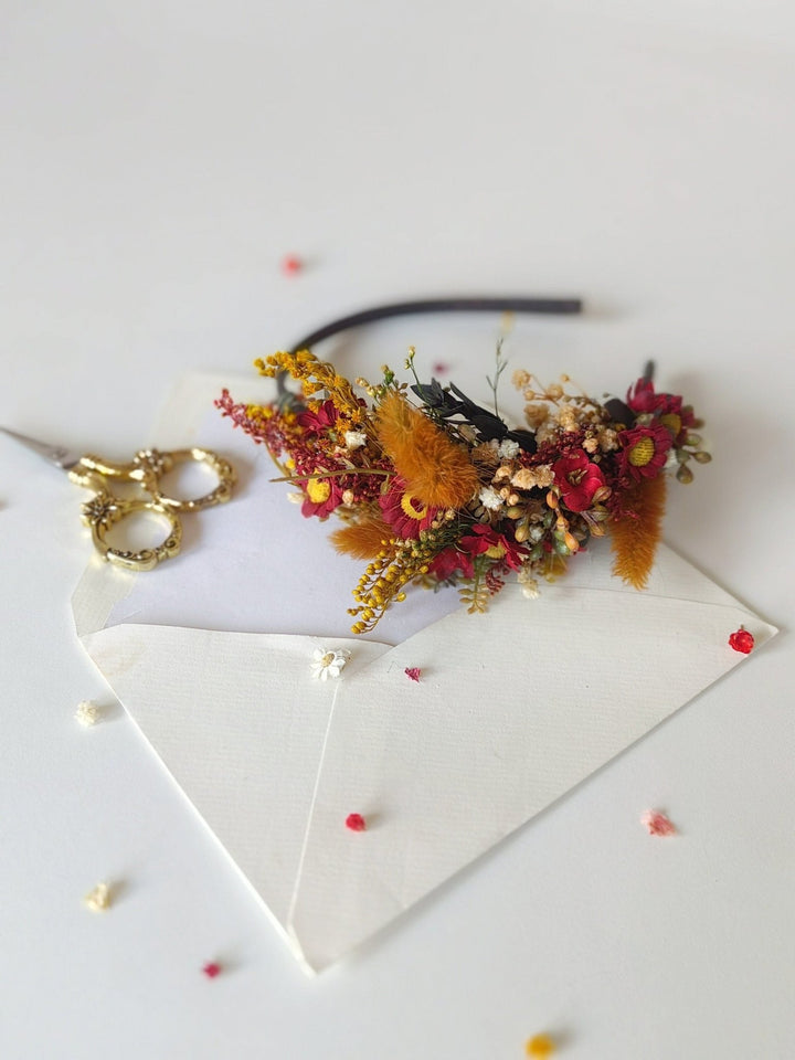 Terracotta Flower Headband: Autumn Wedding Boho Headpiece – handmade floral hair accessory by magaela