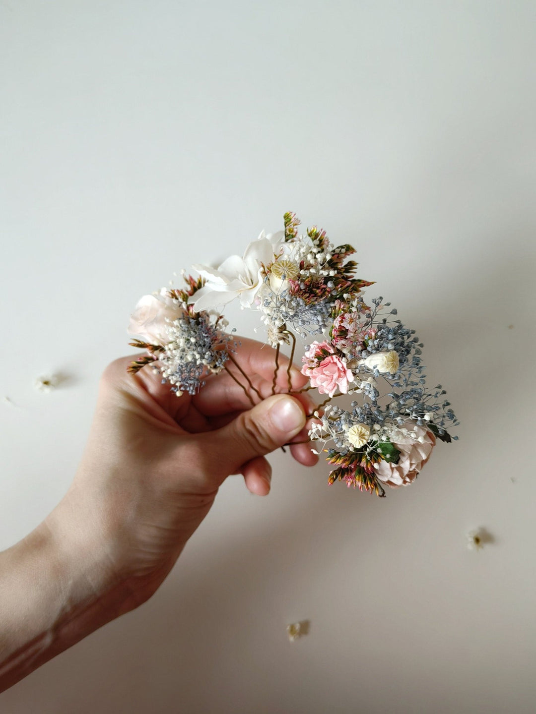 Blush Flower Hairpins: Pink, Cream & Blue Bridal Hair Accessory – handmade floral hair accessory by magaela