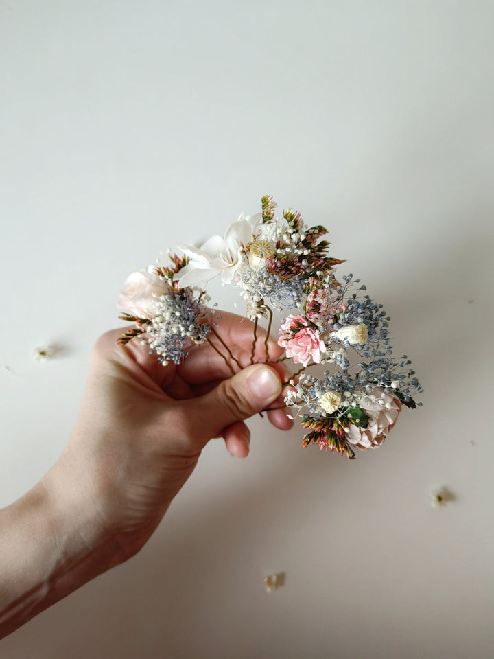 Blush Flower Hairpins: Pink, Cream & Blue Bridal Hair Accessory – handmade floral hair accessory by magaela