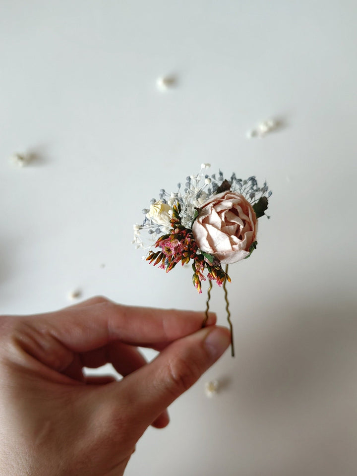 Blush Flower Hairpins: Pink, Cream & Blue Bridal Hair Accessory – handmade floral hair accessory by magaela