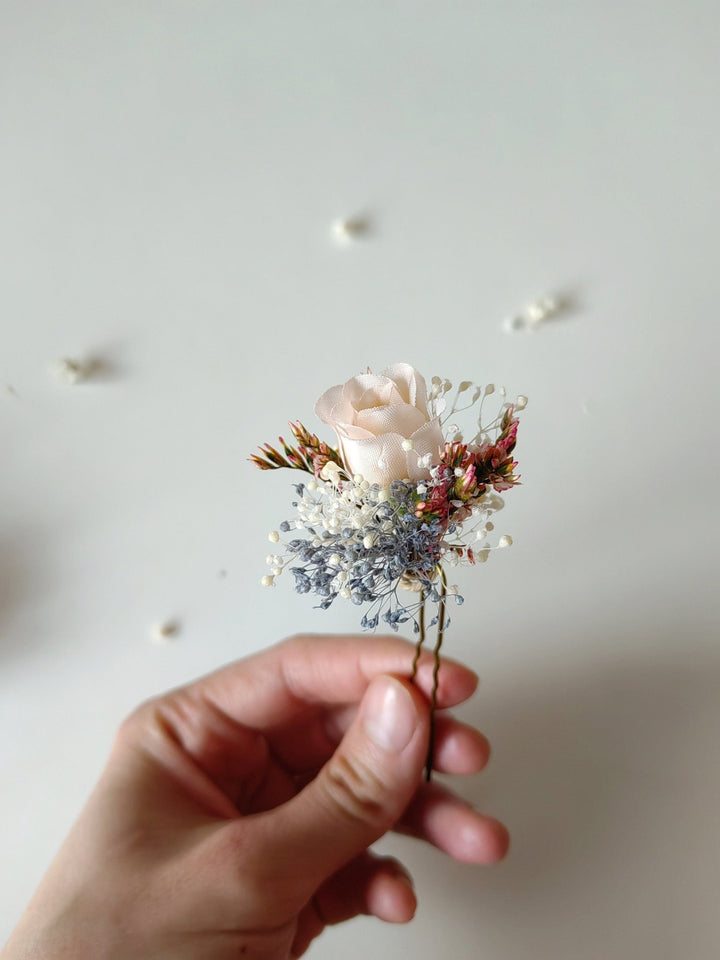 Blush Flower Hairpins: Pink, Cream & Blue Bridal Hair Accessory – handmade floral hair accessory by magaela