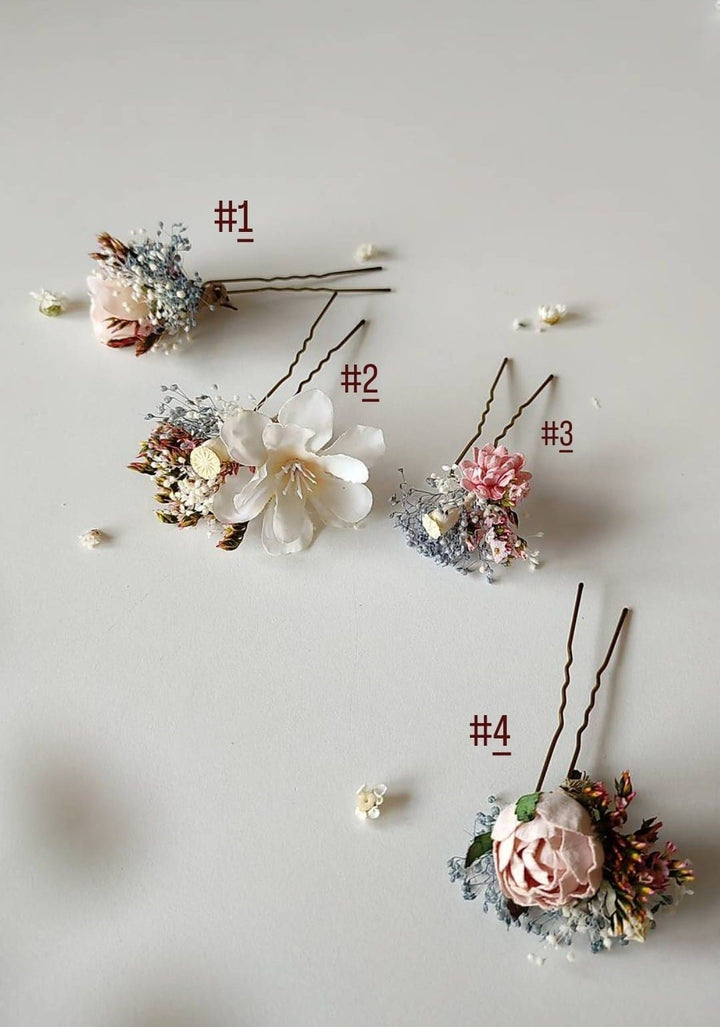 Blush Flower Hairpins: Pink, Cream & Blue Bridal Hair Accessory – handmade floral hair accessory by magaela