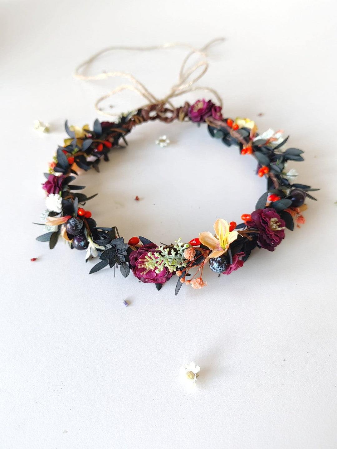 Autumn Flower Hair Wreath: Woodland Wedding Headpiece with Blueberries – handmade floral hair accessory by magaela