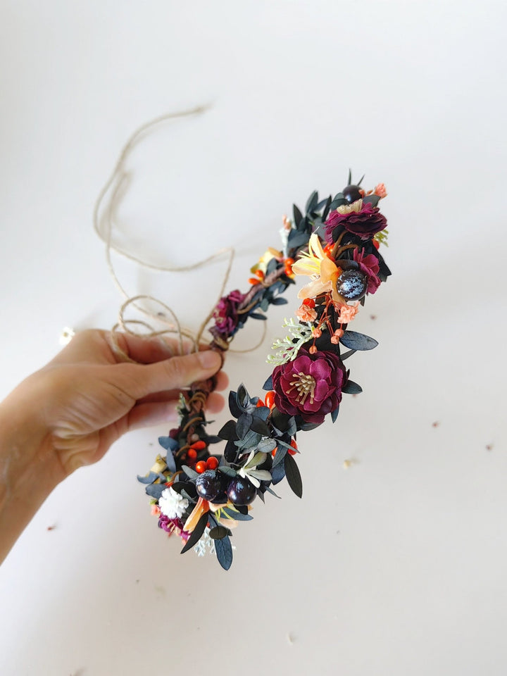 Autumn Flower Hair Wreath: Woodland Wedding Headpiece with Blueberries – handmade floral hair accessory by magaela