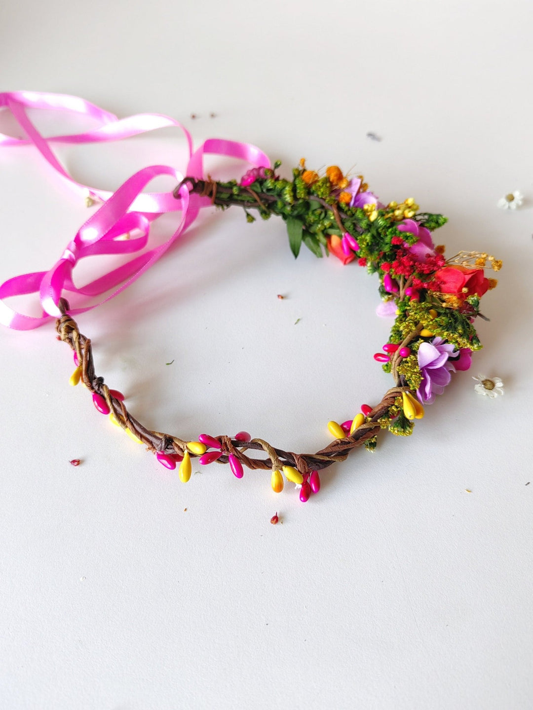 Magenta Flower Half Wreath: Boho Wedding Headpiece – handmade floral hair accessory by magaela