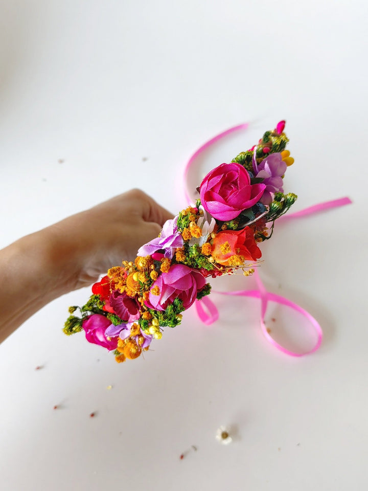 Magenta Flower Half Wreath: Boho Wedding Headpiece – handmade floral hair accessory by magaela