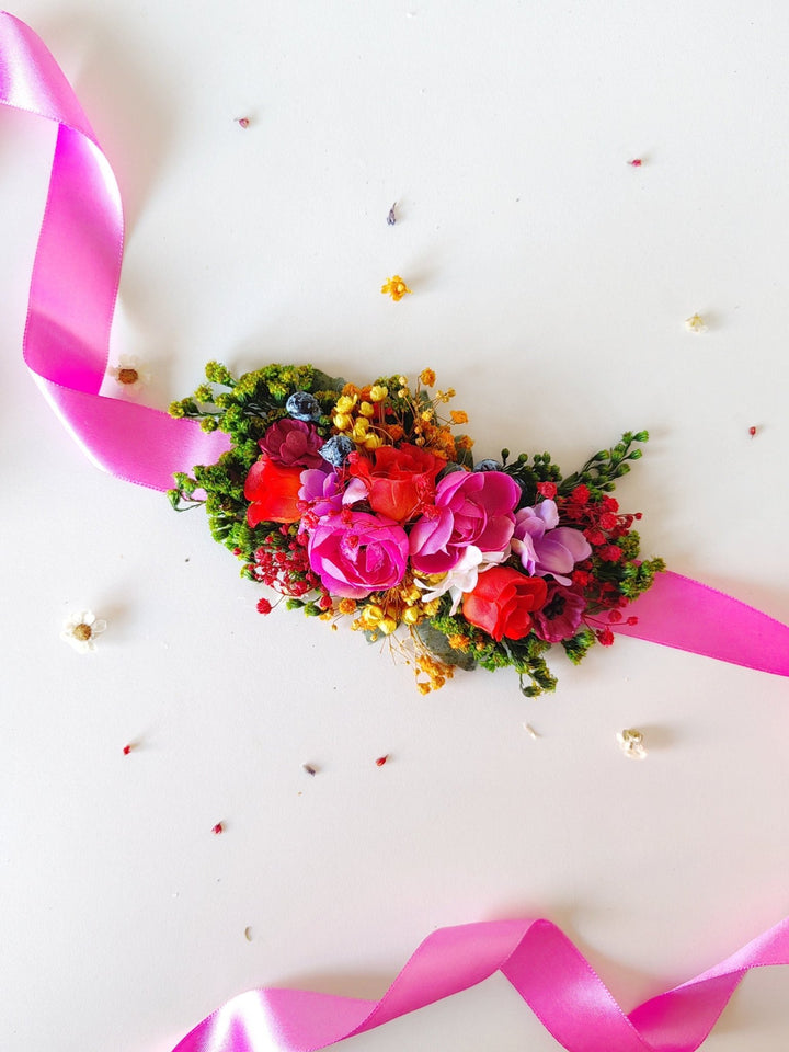 Magenta Floral Bridal Belt: Boho Wedding Flower Sash – handmade floral hair accessory by magaela