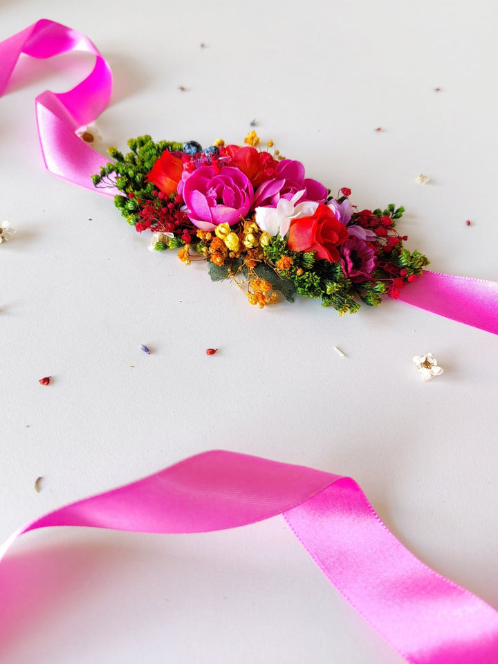 Magenta Floral Bridal Belt: Boho Wedding Flower Sash – handmade floral hair accessory by magaela