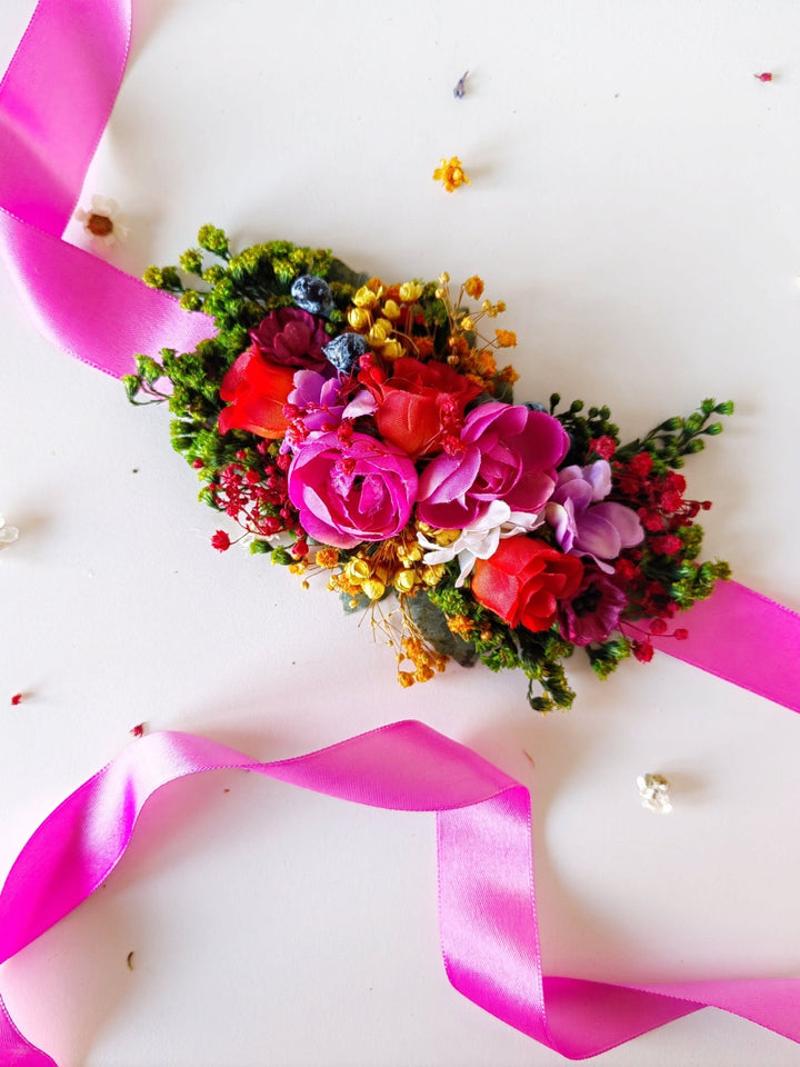 Magenta Floral Bridal Belt: Boho Wedding Flower Sash – handmade floral hair accessory by magaela