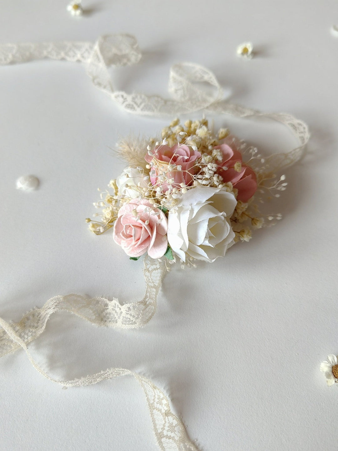 Floral Bracelet: Romantic Pastel Pink Cream Flower Corsage – handmade floral hair accessory by magaela
