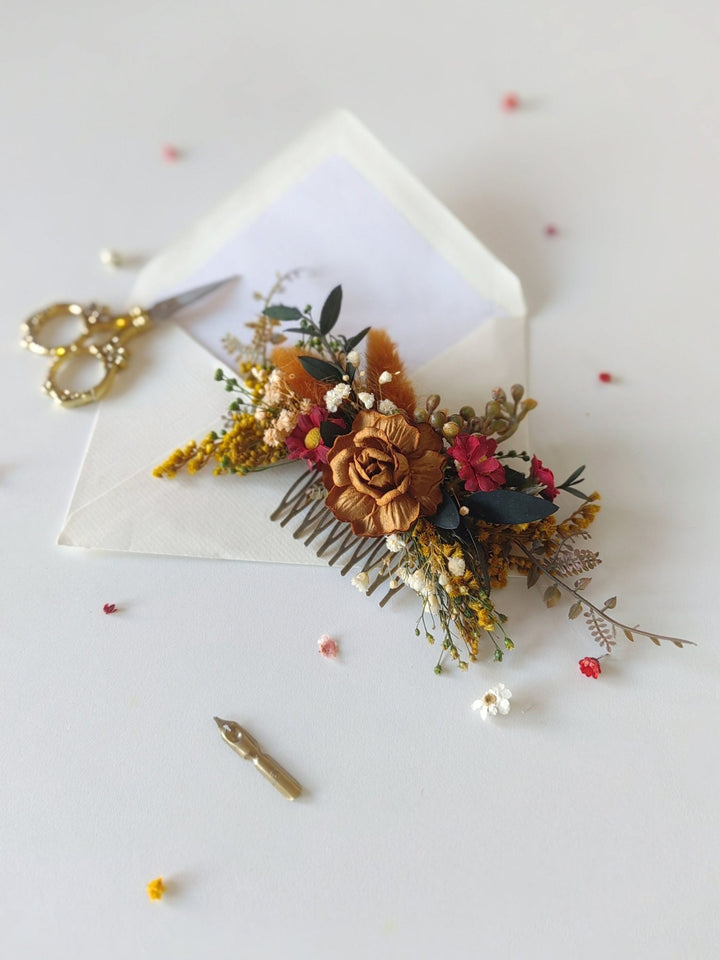 Autumn Flower Hair Comb: Burnt Orange Rustic Wedding Bridal Accessory – handmade floral hair accessory by magaela