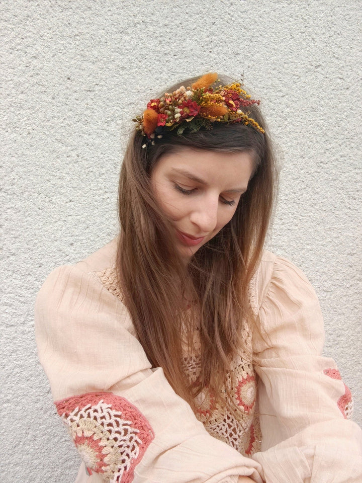 Terracotta Flower Headband: Autumn Wedding Boho Headpiece – handmade floral hair accessory by magaela