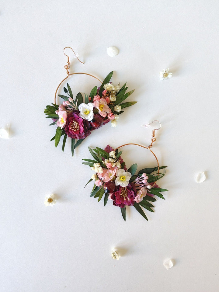 Burgundy Floral Hoop Earrings: Romantic Wedding Jewelry – handmade floral hair accessory by magaela