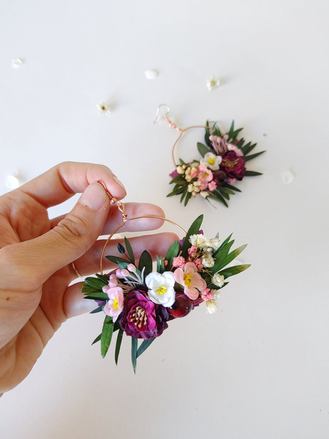 Burgundy Floral Hoop Earrings: Romantic Wedding Jewelry – handmade floral hair accessory by magaela
