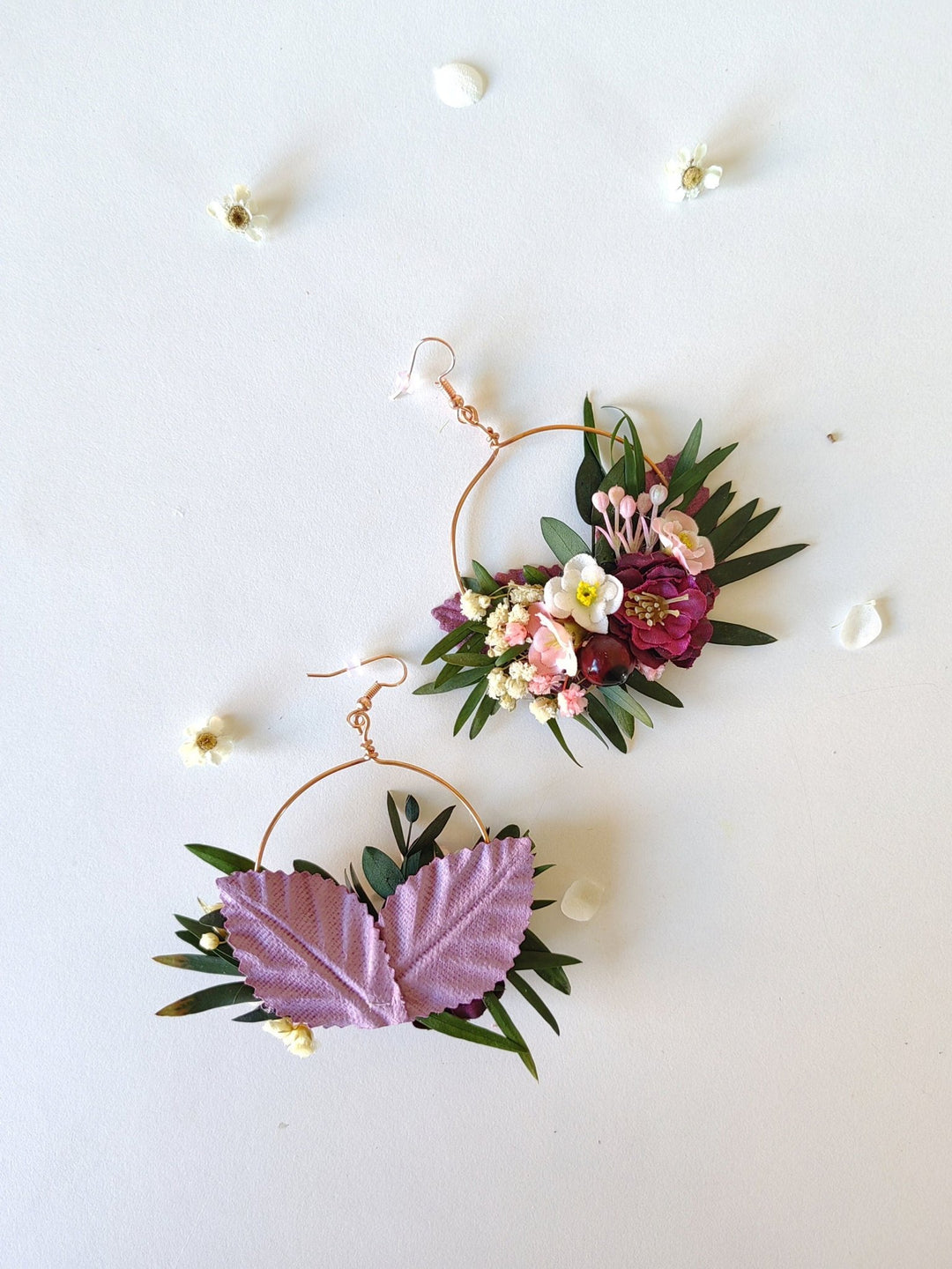 Burgundy Floral Hoop Earrings: Romantic Wedding Jewelry – handmade floral hair accessory by magaela