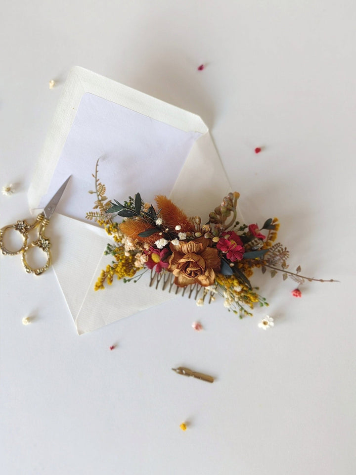 Autumn Flower Hair Comb: Burnt Orange Rustic Wedding Bridal Accessory – handmade floral hair accessory by magaela