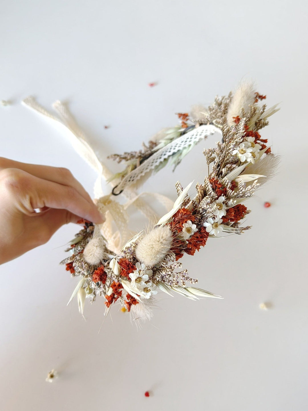 Terracotta Wedding Flower Set: Rustic Autumn Wreath, Bracelet & Hair Comb – handmade floral hair accessory by magaela