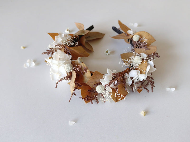 Autumn Bridal Crown: Dried Hydrangea Flower Headband, Rustic Boho Wedding – handmade floral hair accessory by magaela