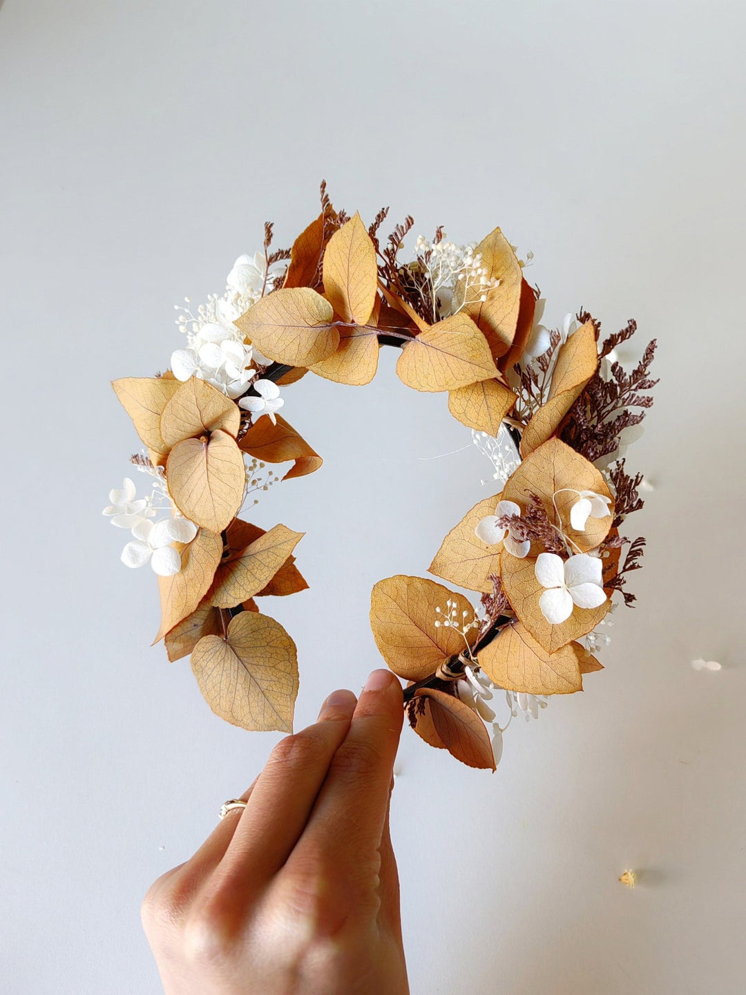 Autumn Bridal Crown: Dried Hydrangea Flower Headband, Rustic Boho Wedding – handmade floral hair accessory by magaela